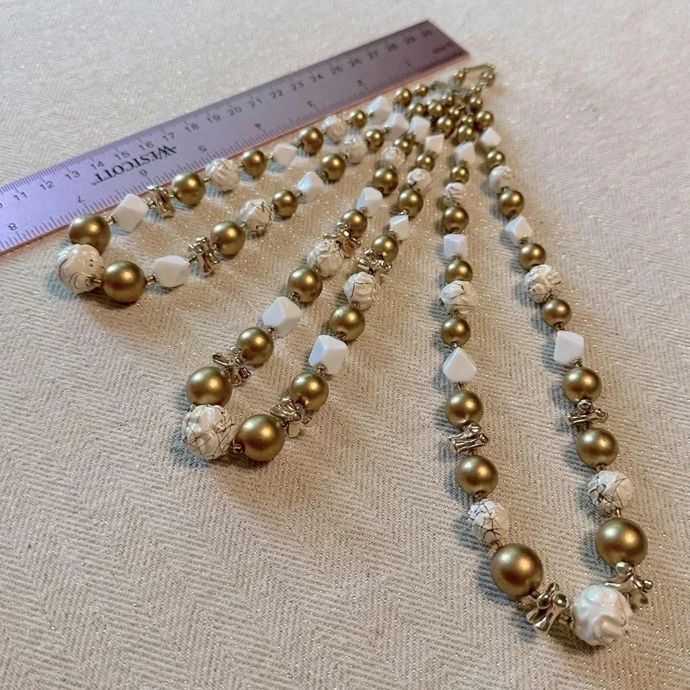 Vintage Signed Japan Gold & White Beaded Statement Necklace Multi-Strand Layered - Picture 10 of 11